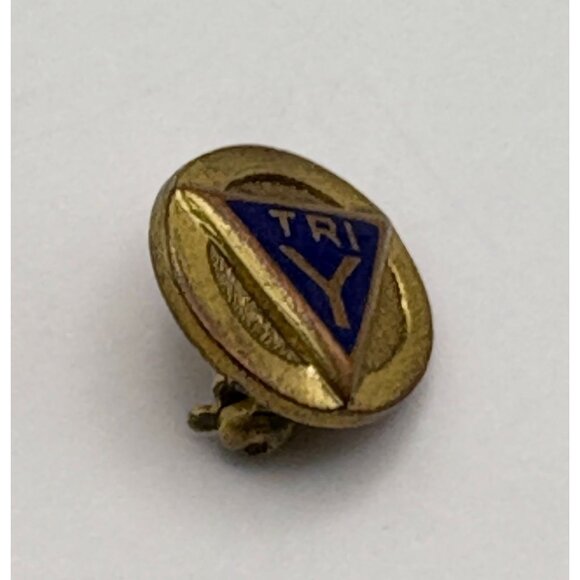 Vintage Tri-Y Tie Tack Lapel Pin YMCA Club Gold & Blue Triangle Enamel 1940s - Picture 5 of 7